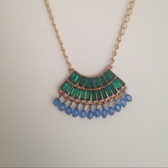 Boho Chic Gold, Emerald & Blue Fashion Necklace - Picture 3 of 8